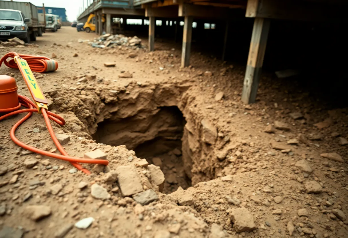 Construction site with a collapsed trench illustrating safety hazards.