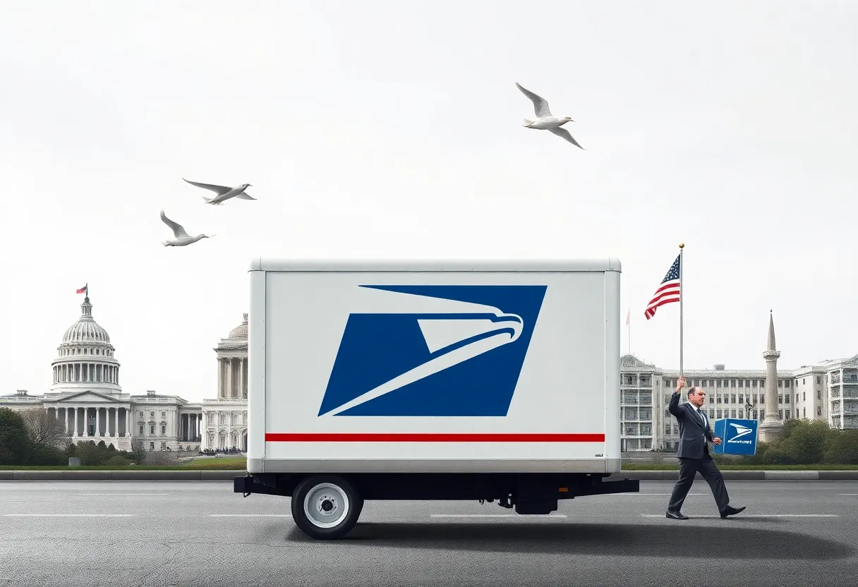 Artistic representation of USPS governance with mail delivery theme