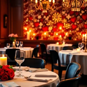 Elegant Valentine’s Day dinner setting with candles and flowers
