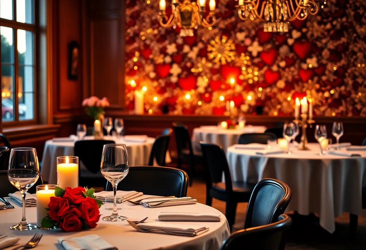Elegant Valentine’s Day dinner setting with candles and flowers
