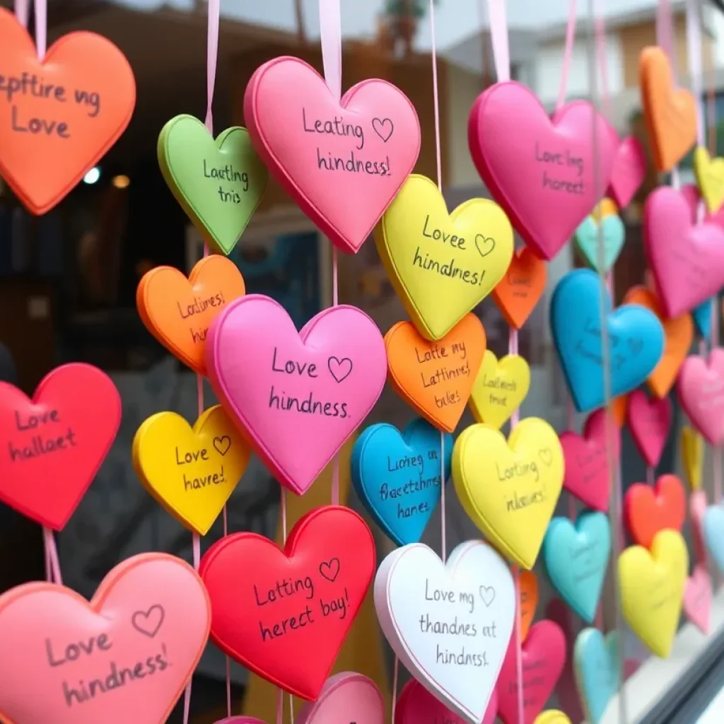 Colorful foam hearts with messages displayed in shop windows