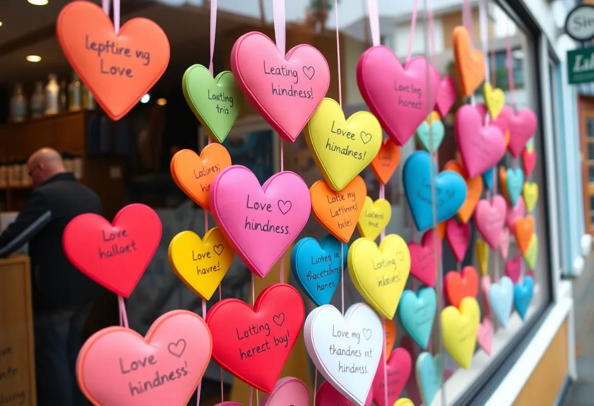 Colorful foam hearts with messages displayed in shop windows