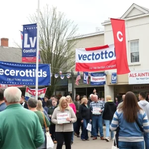 Town center of Ware Shoals during election season with voters and candidate banners.