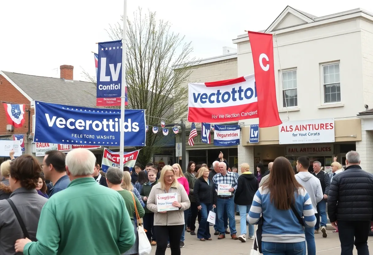 Town center of Ware Shoals during election season with voters and candidate banners.