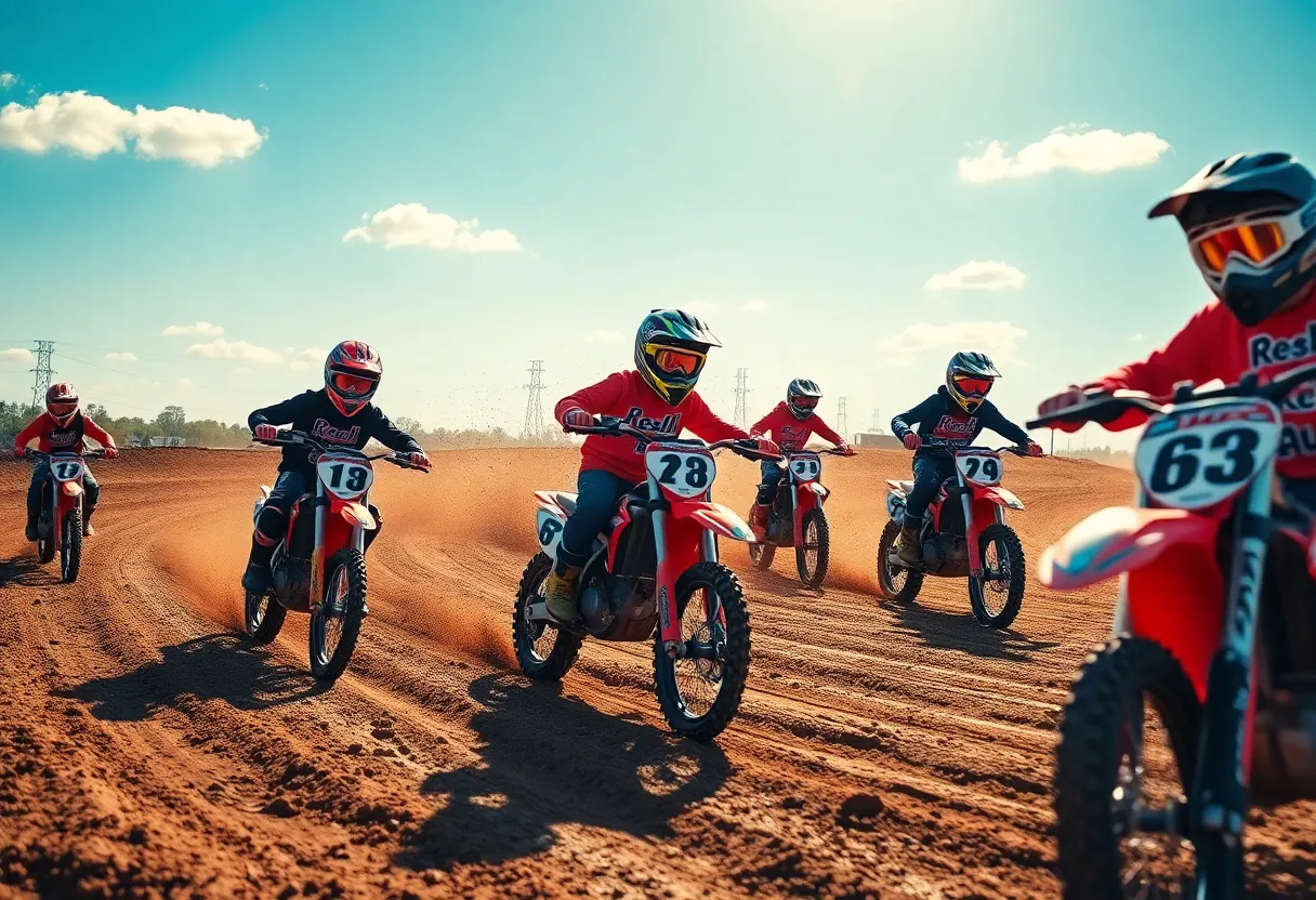 A young dirt bike racer on a muddy track surrounded by trees and cheering spectators.