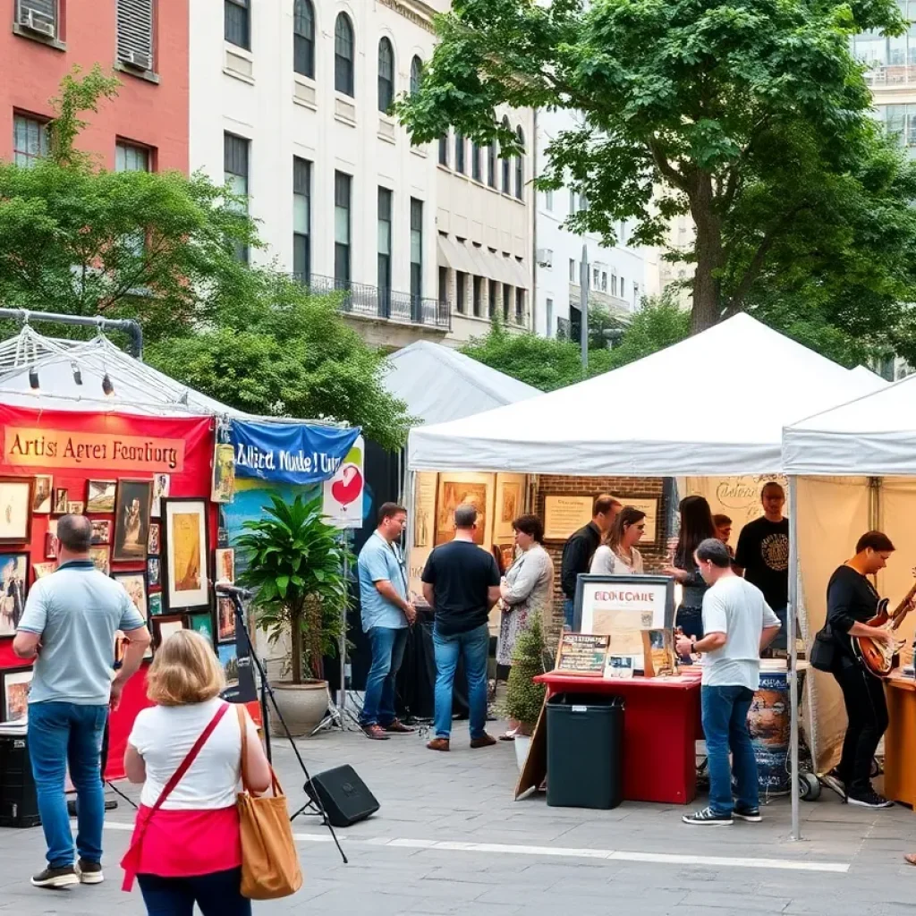 A collage of arts and cultural events in Greenwood, featuring art exhibits and live performances.