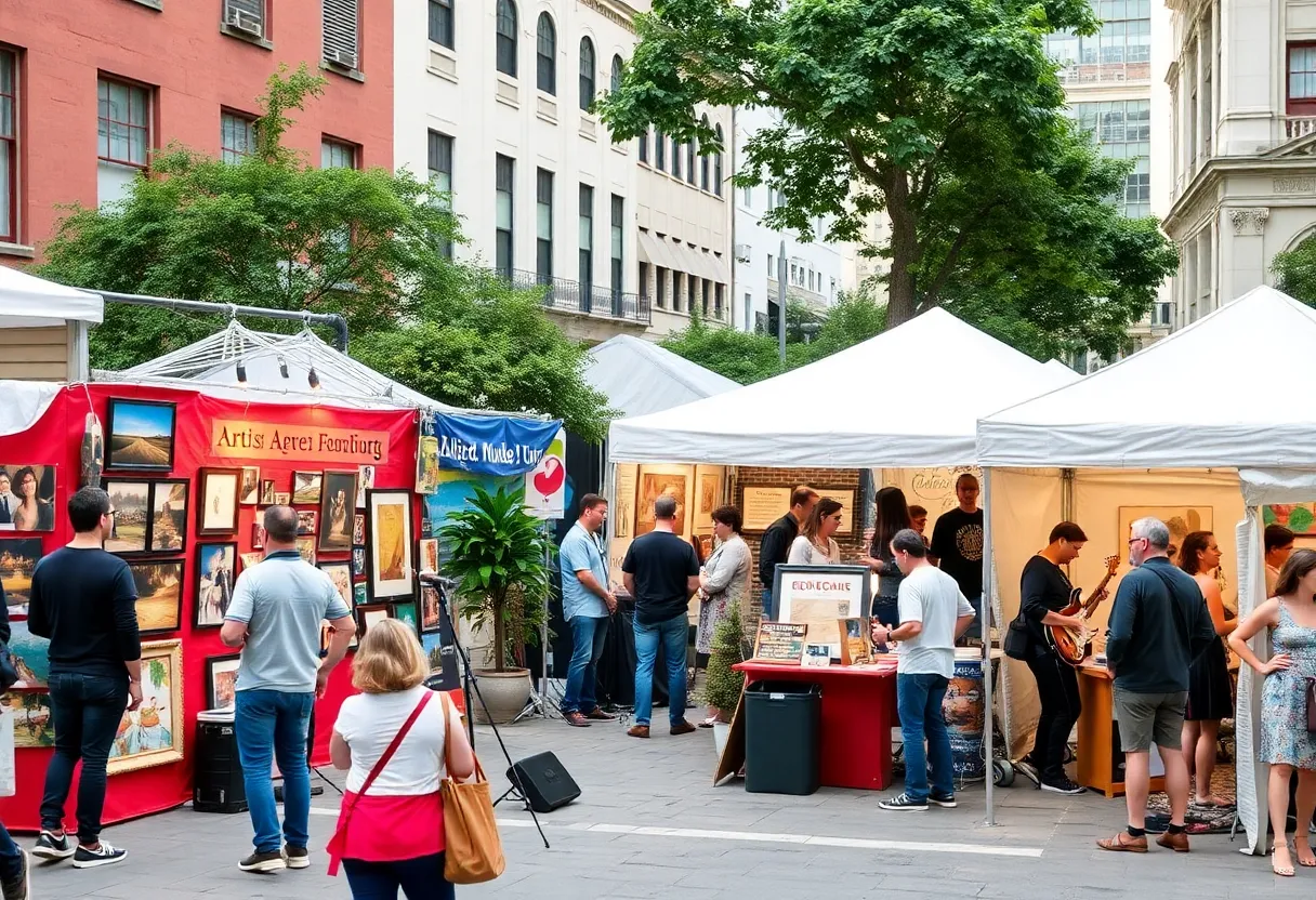 A collage of arts and cultural events in Greenwood, featuring art exhibits and live performances.