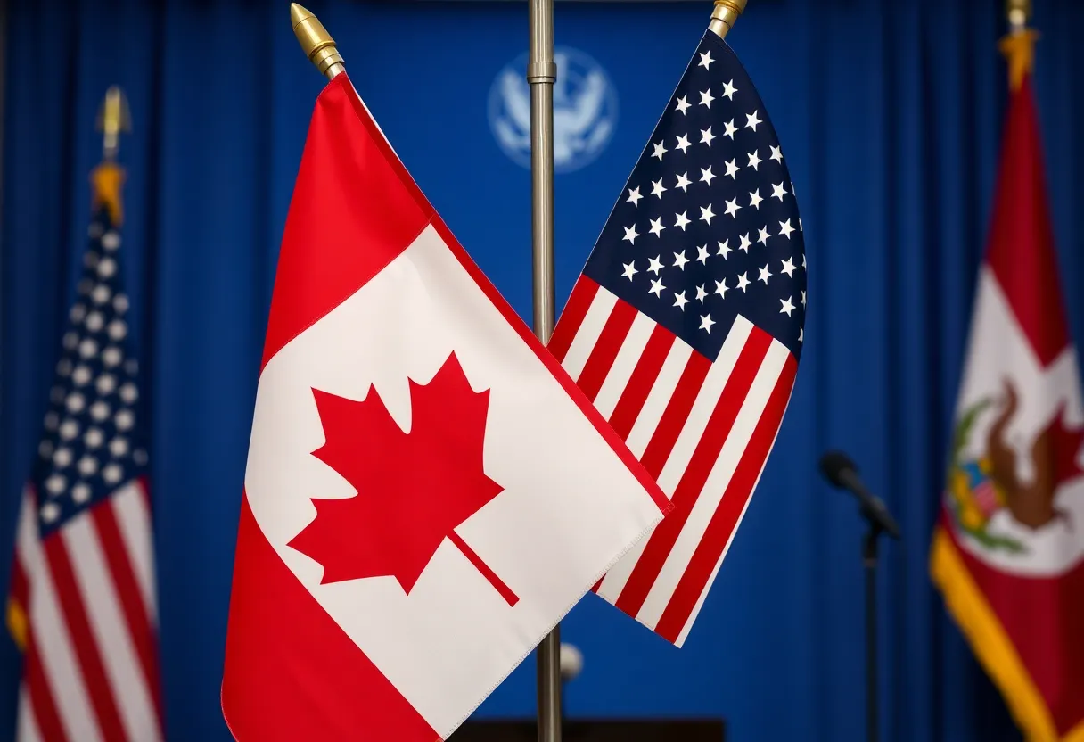 Flags of Canada and the United States intertwined at a press conference