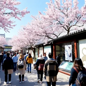 Cherry blossoms in bloom near Smithsonian Museum visitors