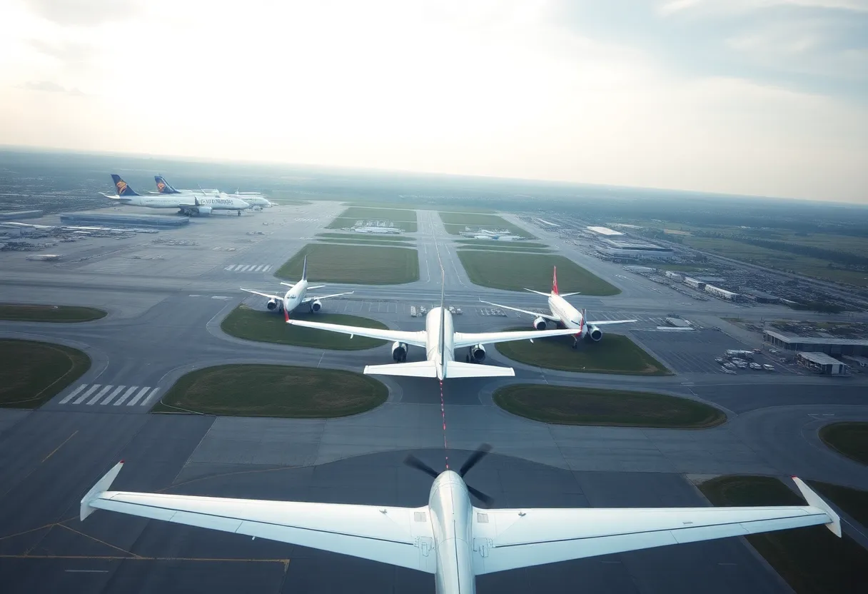 Aerial view illustrating a near miss between a commercial flight and a military jet.