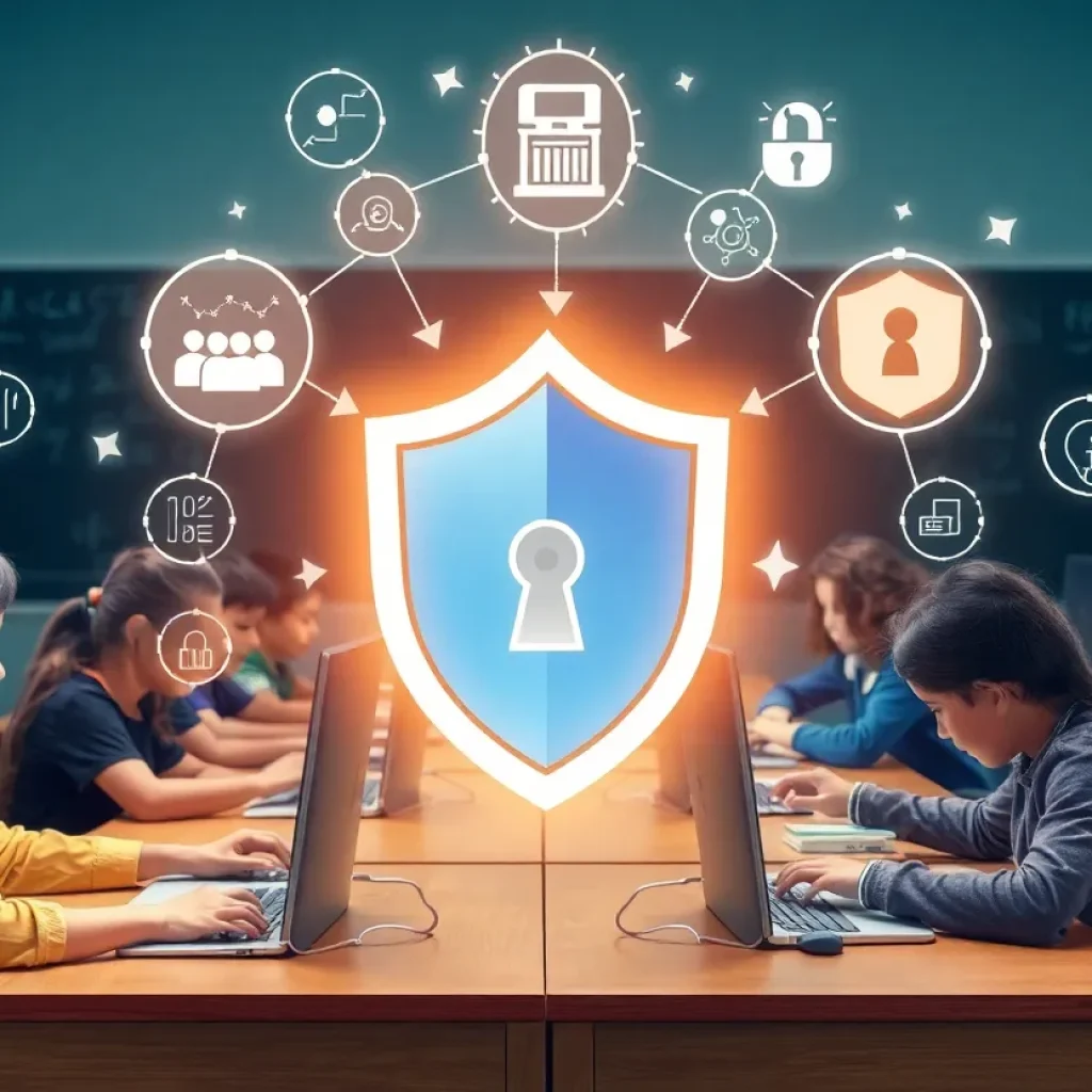 Students utilizing computers with cybersecurity symbols around them.
