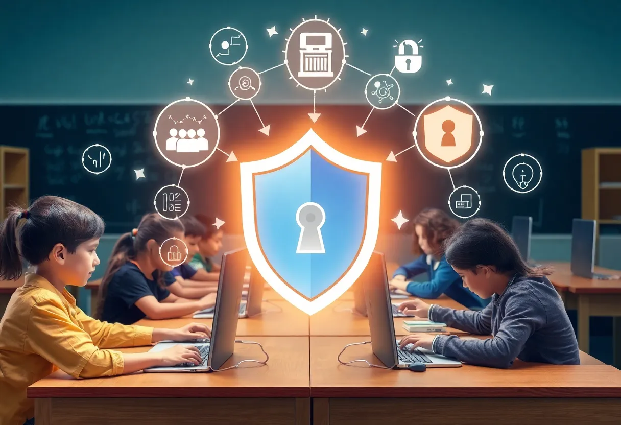 Students utilizing computers with cybersecurity symbols around them.