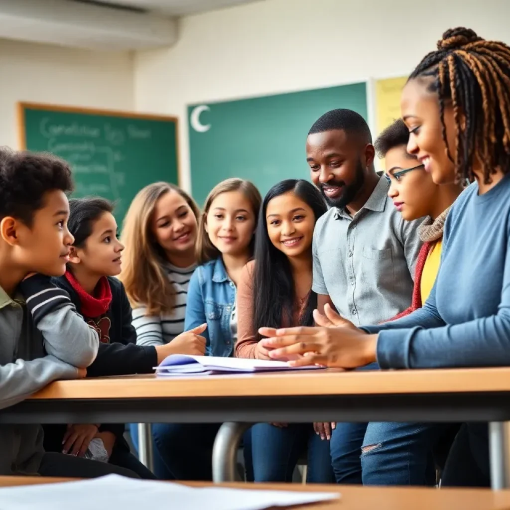 Diverse group of teachers and students collaborating in a classroom setting
