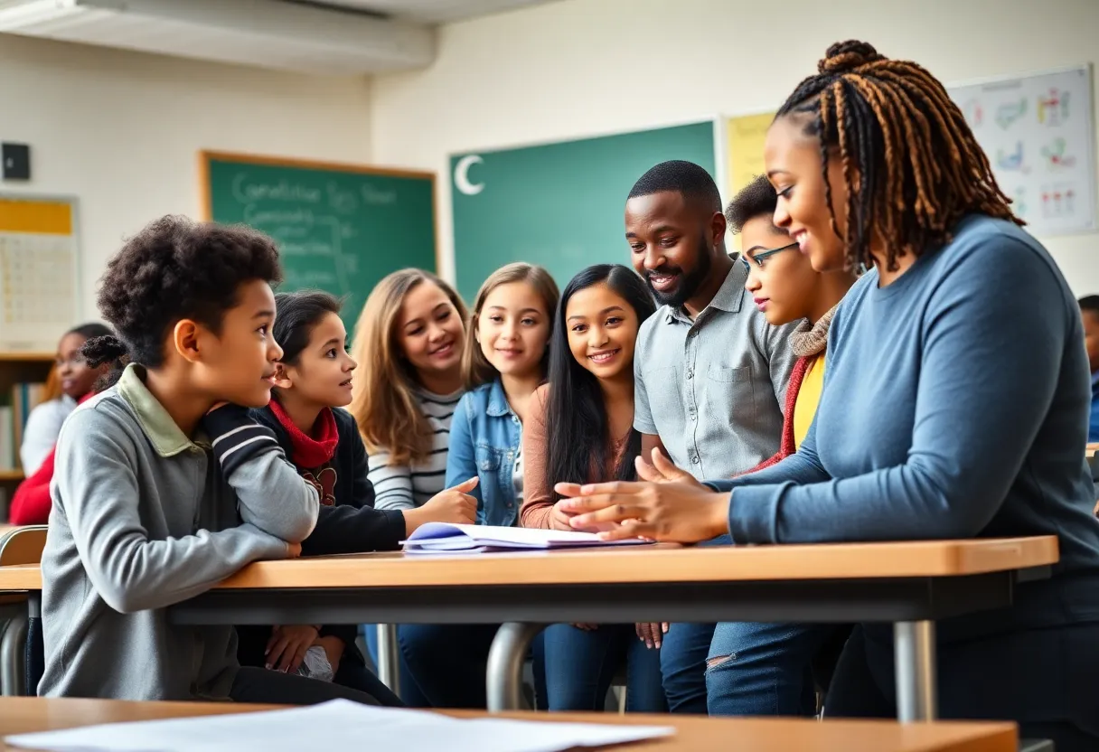 Diverse group of teachers and students collaborating in a classroom setting