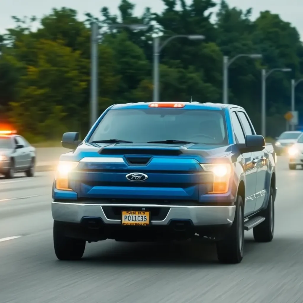 Blue Ford F-150 involved in a police chase on a highway
