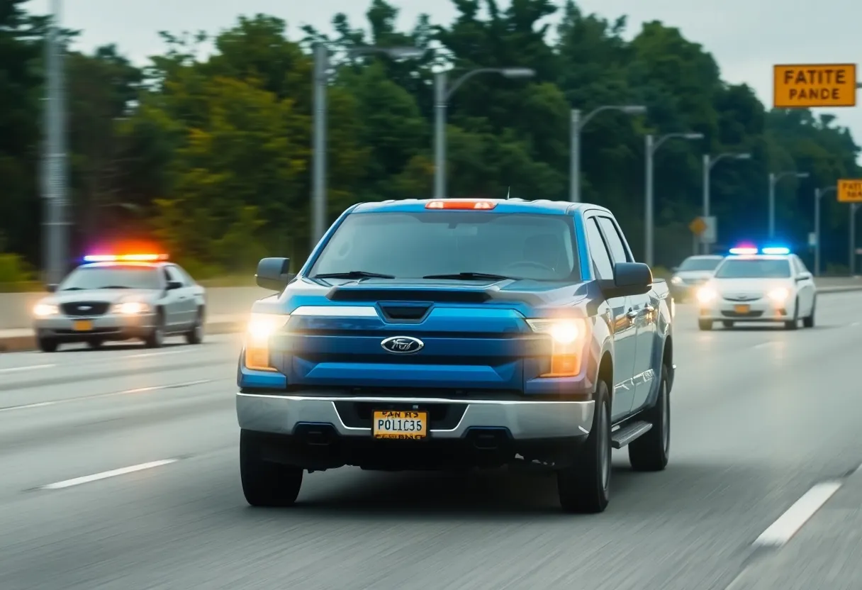 Blue Ford F-150 involved in a police chase on a highway