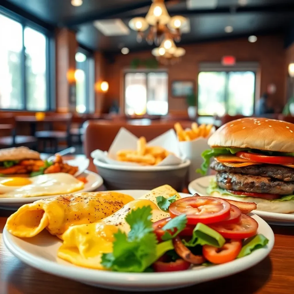 Breakfast dishes including omelet, sandwich, and burger at Eggs Up Grill