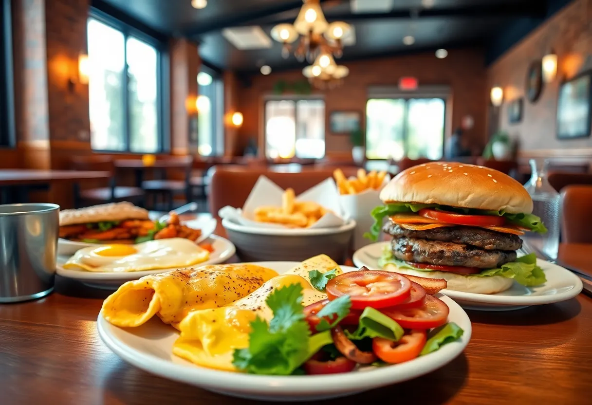 Breakfast dishes including omelet, sandwich, and burger at Eggs Up Grill