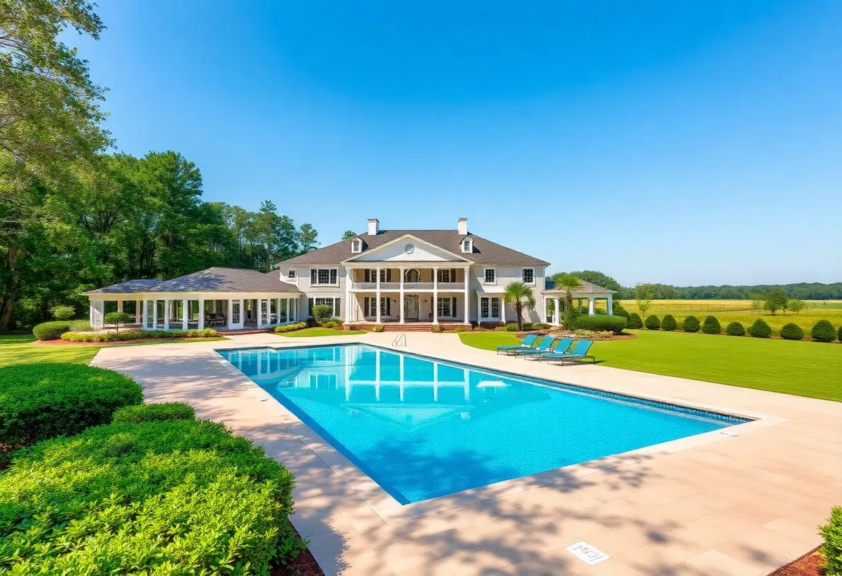 Luxury estate in Fountain Inn, South Carolina, featuring main house and expansive grounds.