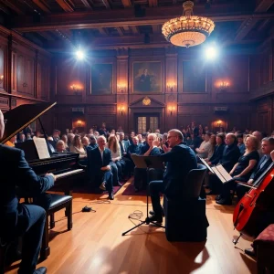 Audience enjoying the Germanic Gems concert with a piano and cello on stage.