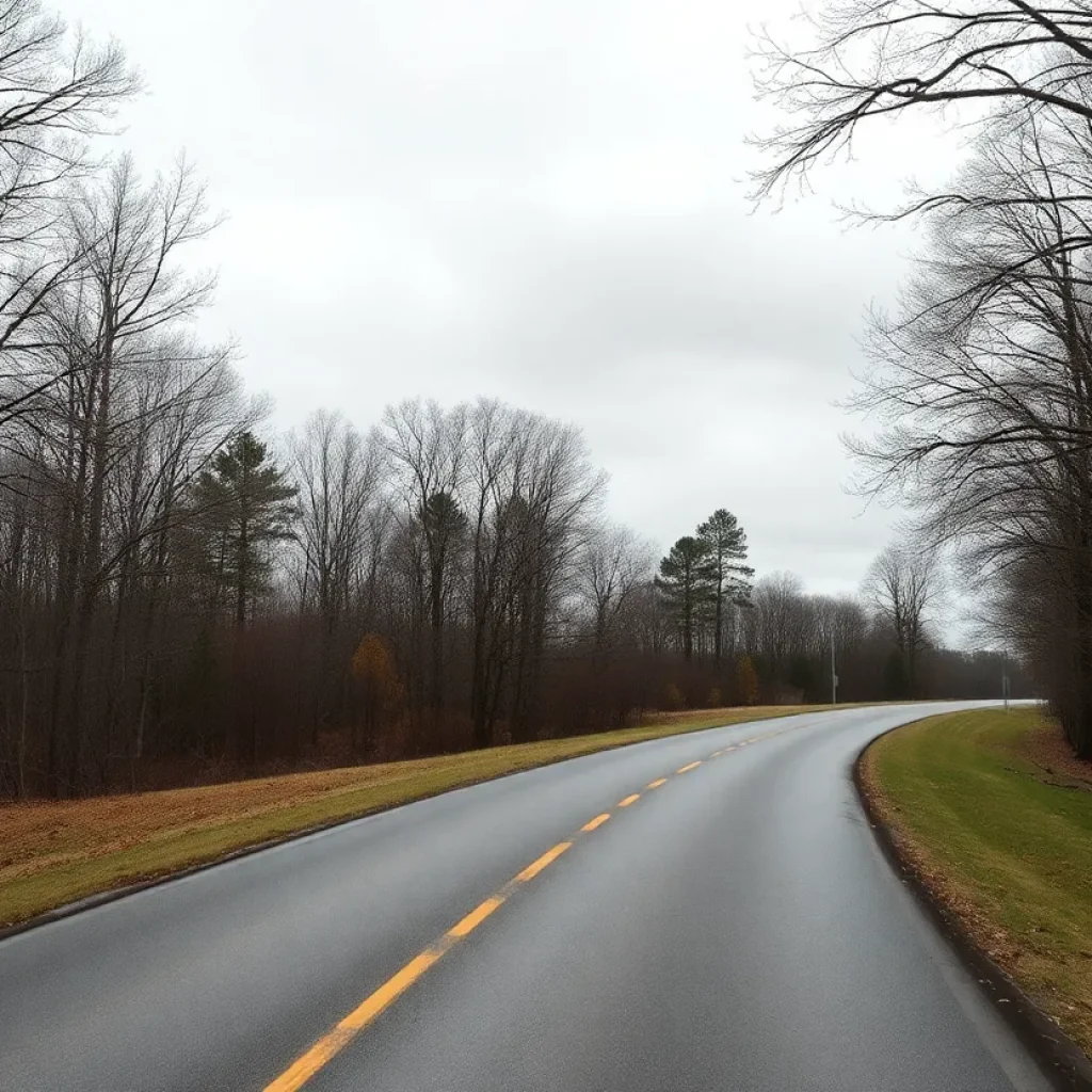 A quiet tree-lined road in Greenwood County representing a somber mood.