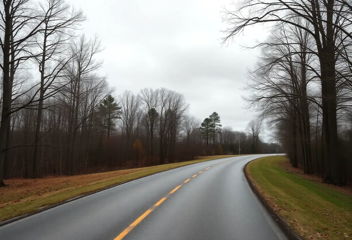 A quiet tree-lined road in Greenwood County representing a somber mood.