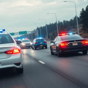 Police vehicles in a high-speed chase scenario on a highway