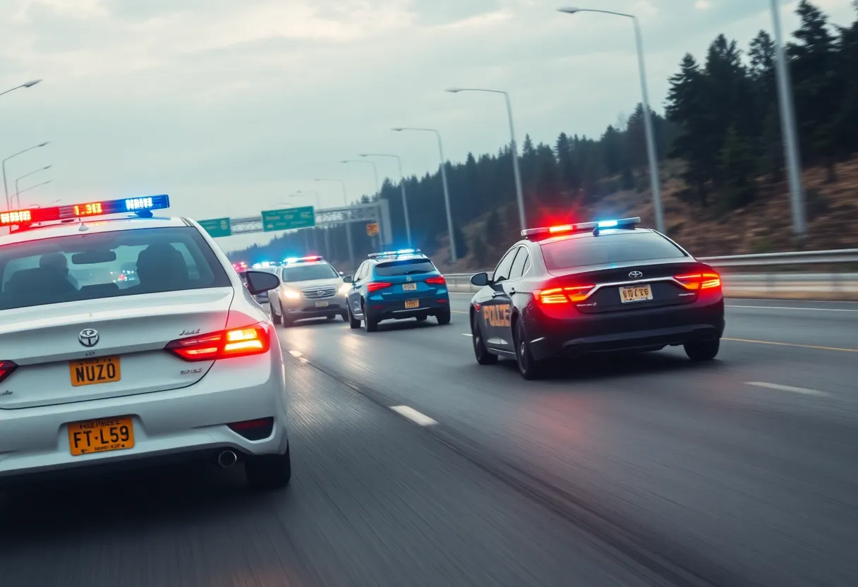 Police vehicles in a high-speed chase scenario on a highway