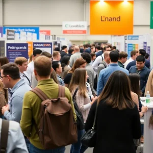 A busy job fair with job seekers and employers interacting