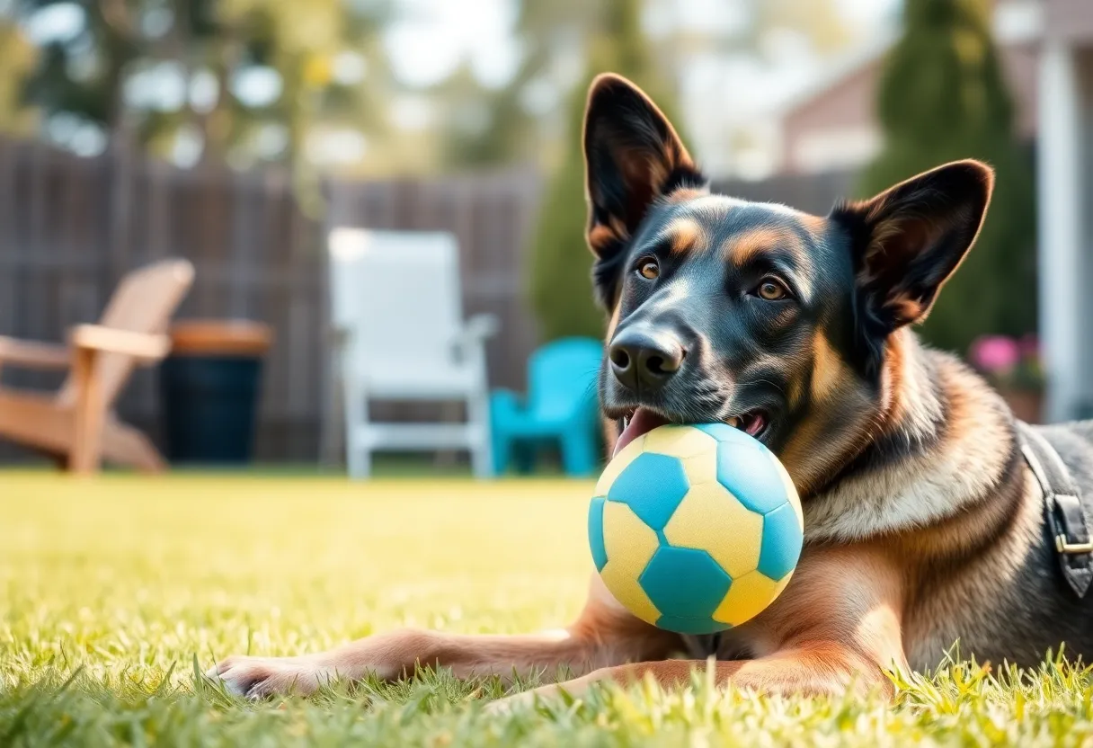 Retired police dog playing in backyard