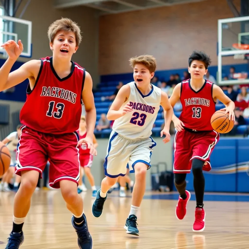 High school basketball players competing in a game.