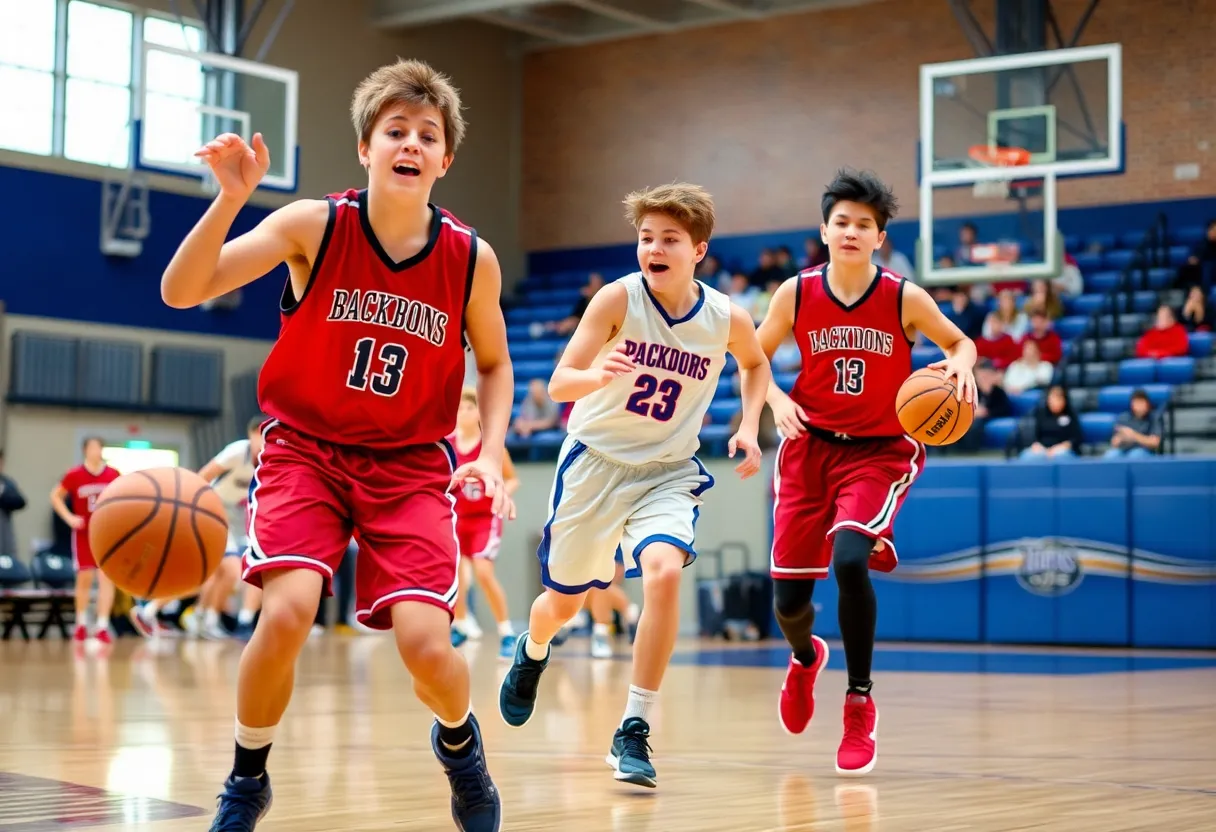 High school basketball players competing in a game.