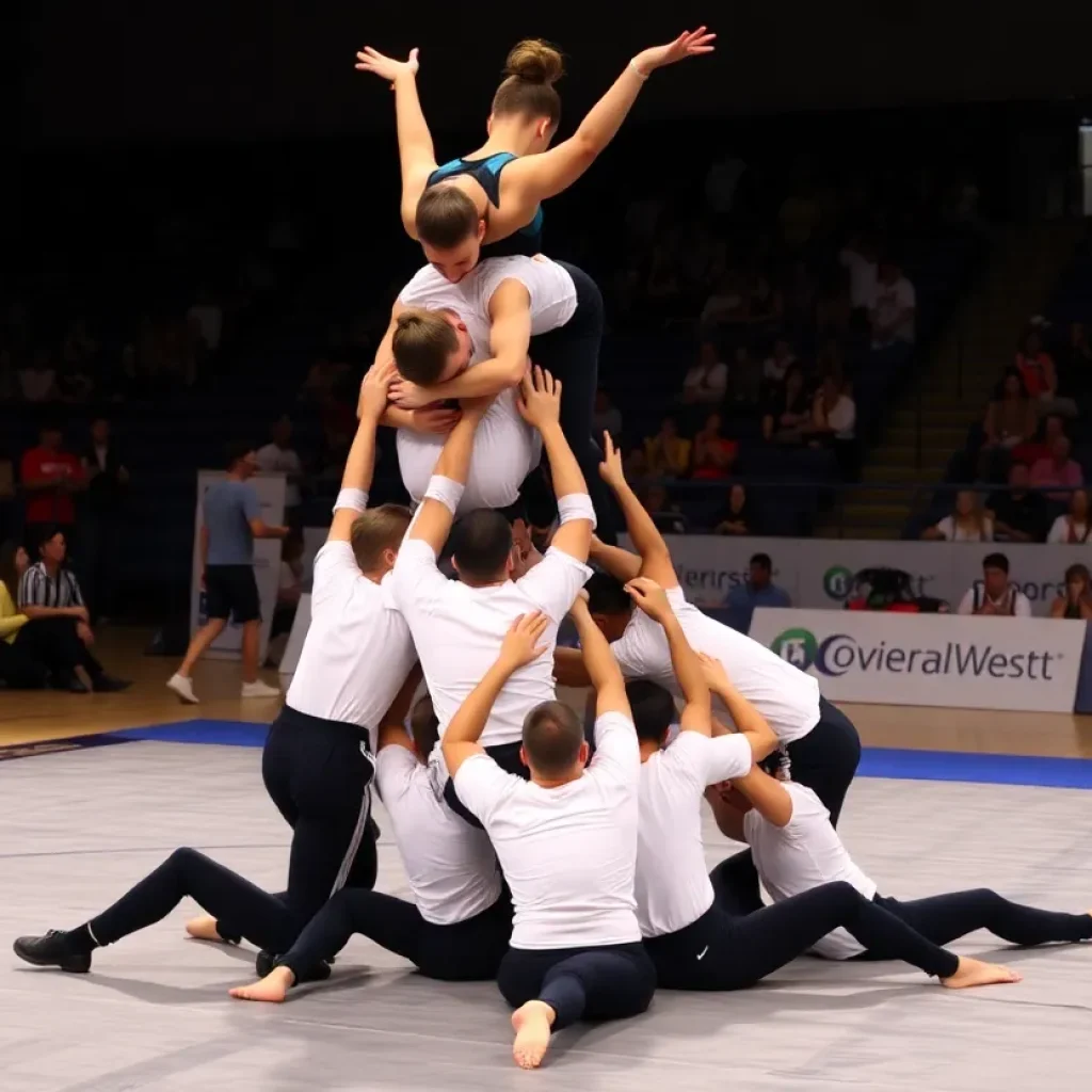 Newberry College Acrobatics team in action at a competition
