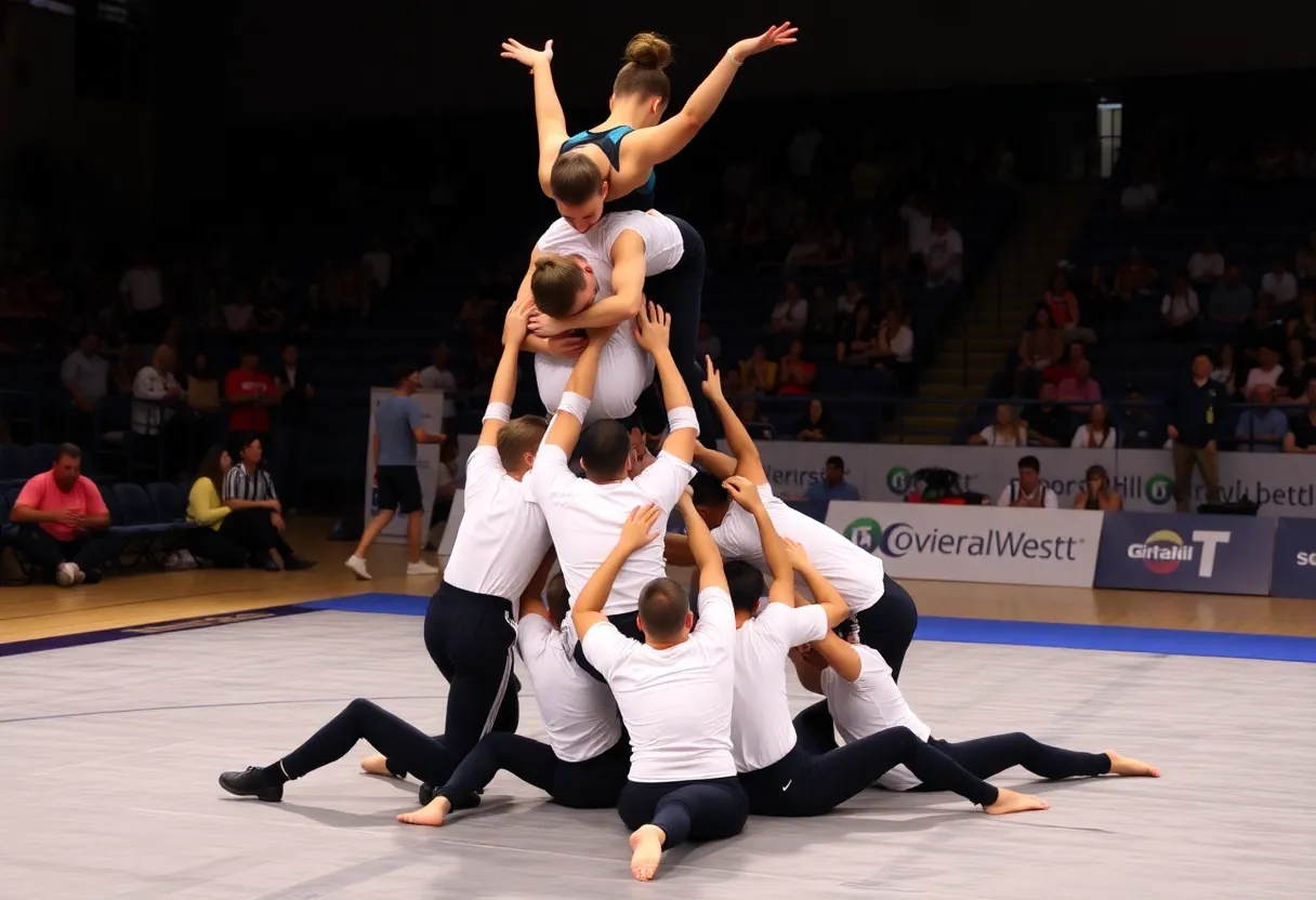 Newberry College Acrobatics team in action at a competition
