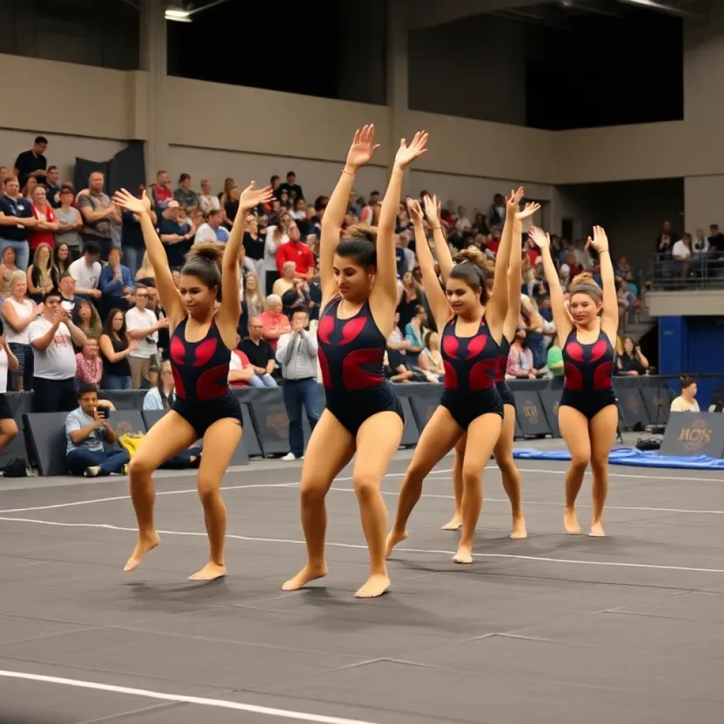 Newberry College Acrobatics and Tumbling team performing at a competition