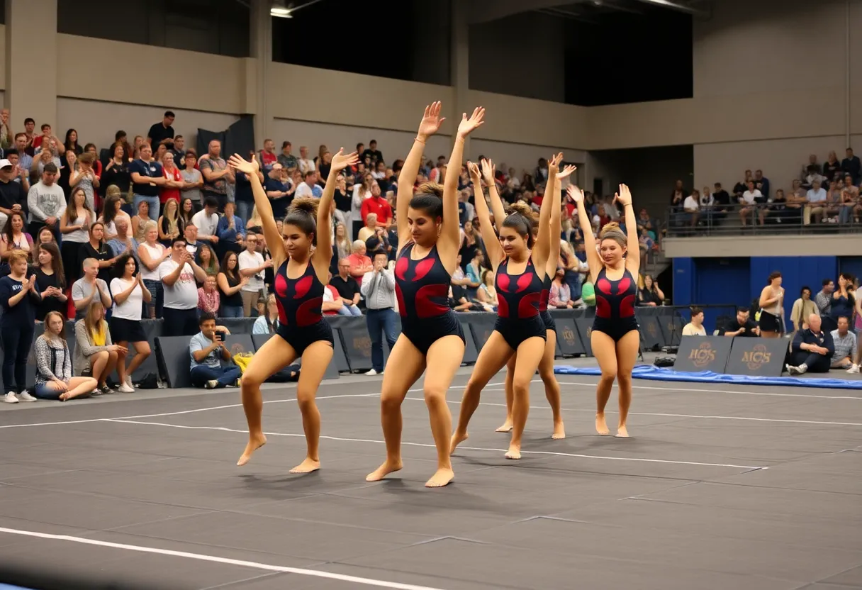 Newberry College Acrobatics and Tumbling team performing at a competition