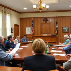 Town council meeting discussing financial challenges
