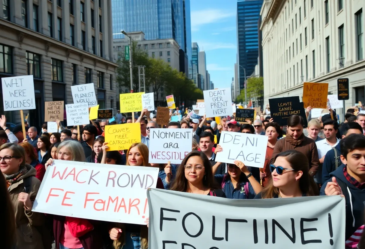 A large crowd of protesters demonstrating for civil liberties in a city street.