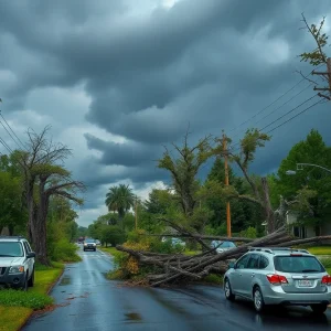 Destruction from severe weather in Michigan with fallen trees and damaged cars.