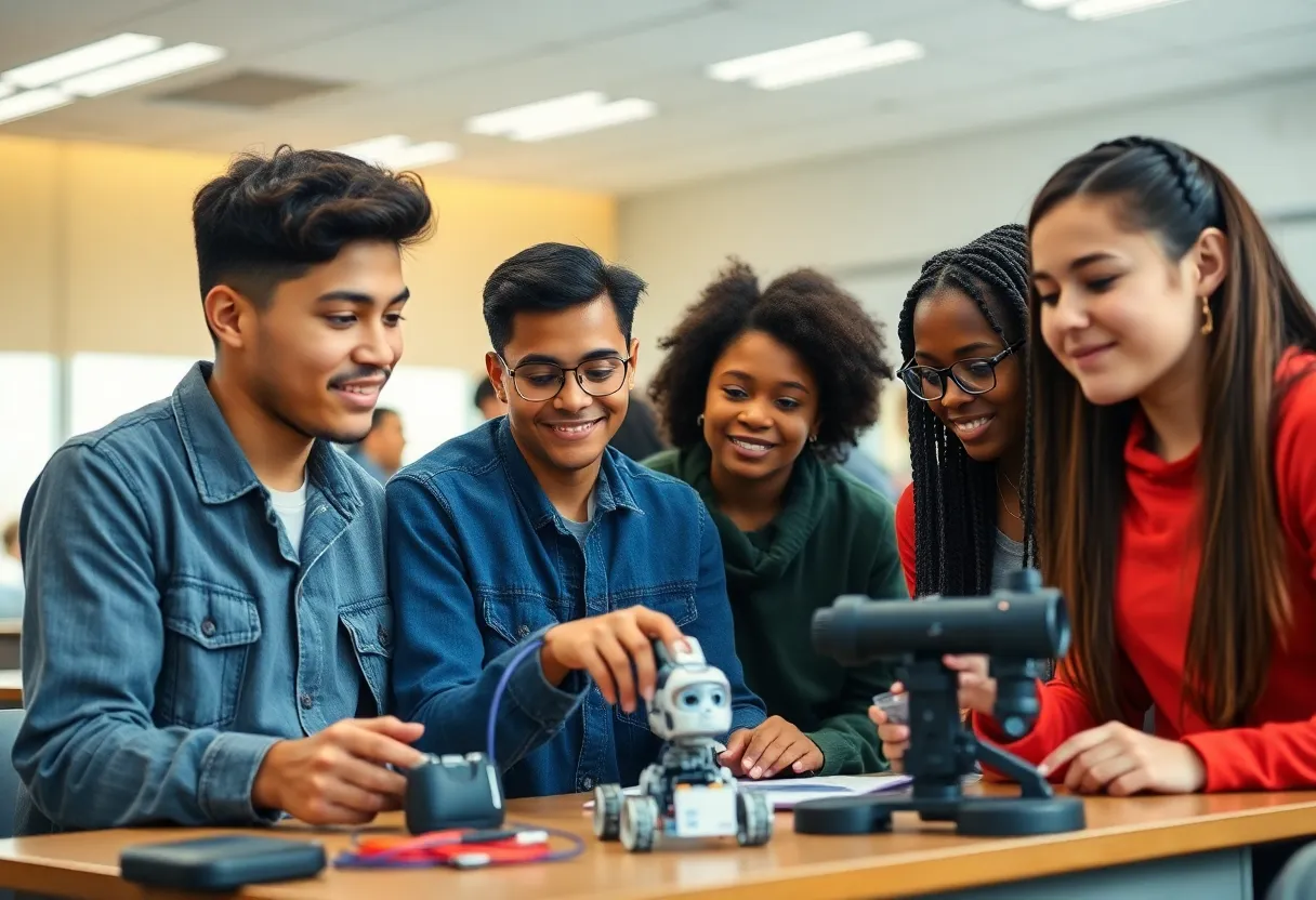 A group of young students learning in a technology classroom