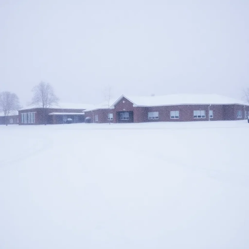Snowy scene depicting the effects of Winter Storm Kingston on schools