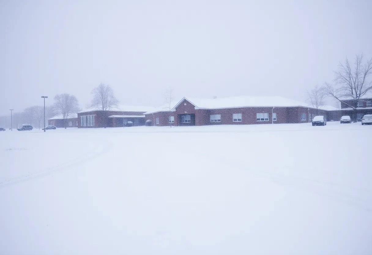 Snowy scene depicting the effects of Winter Storm Kingston on schools