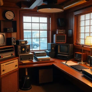 Interior of a vintage radio studio with broadcasting equipment