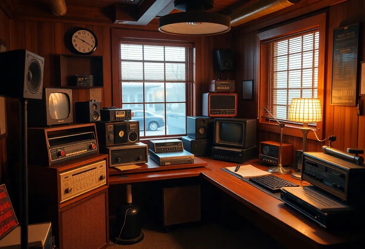 Interior of a vintage radio studio with broadcasting equipment
