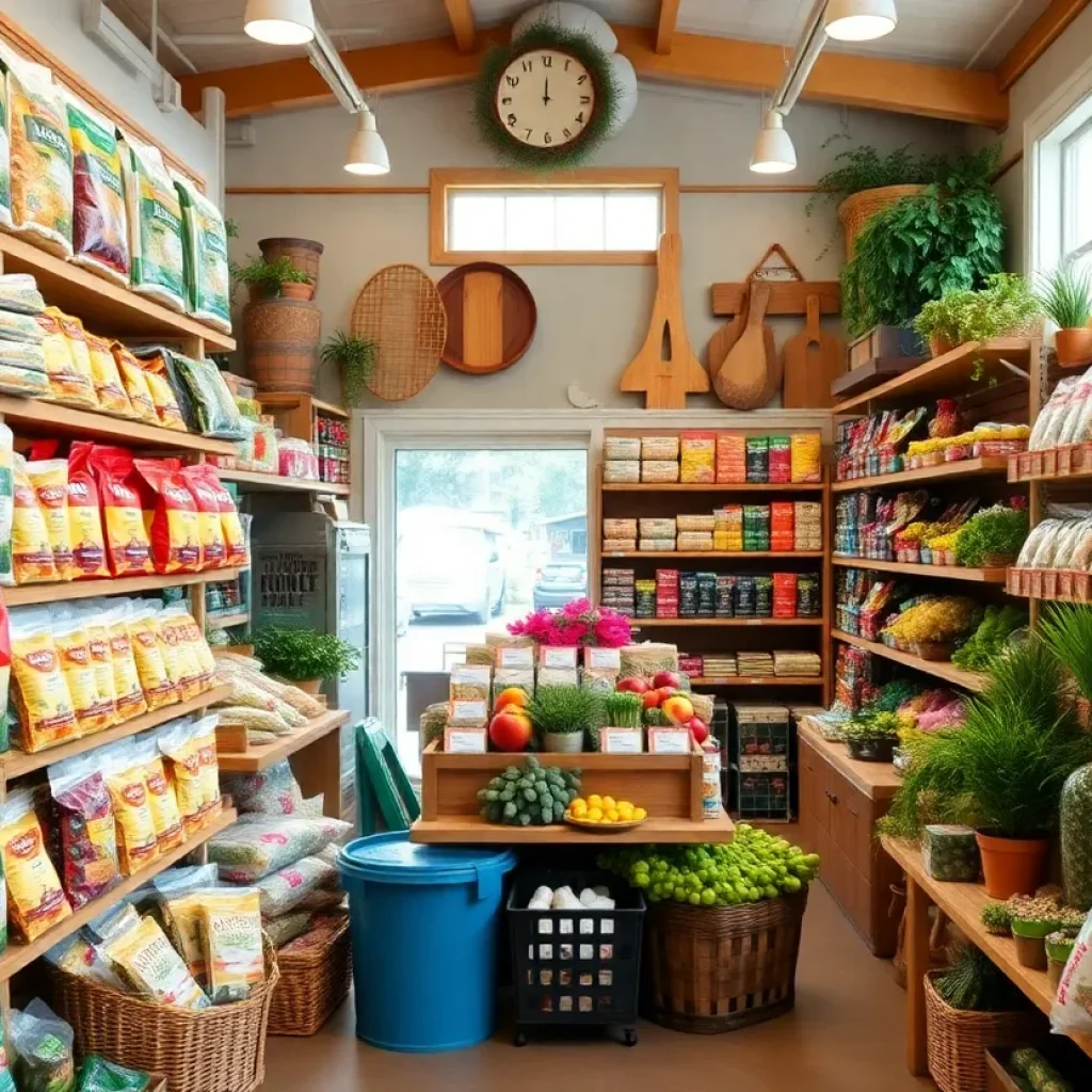 Interior of Cauble's Farm and Garden Feed and Seed building with a variety of agricultural products.