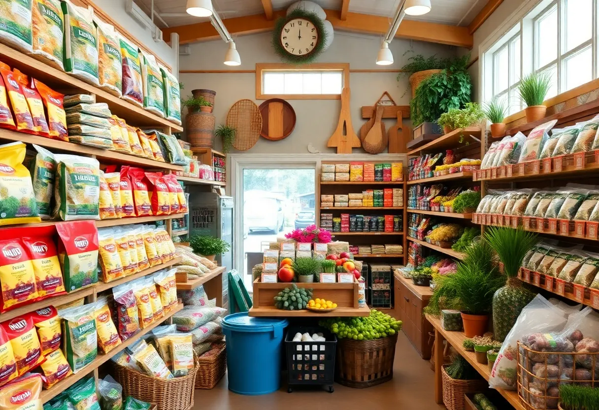 Interior of Cauble's Farm and Garden Feed and Seed building with a variety of agricultural products.
