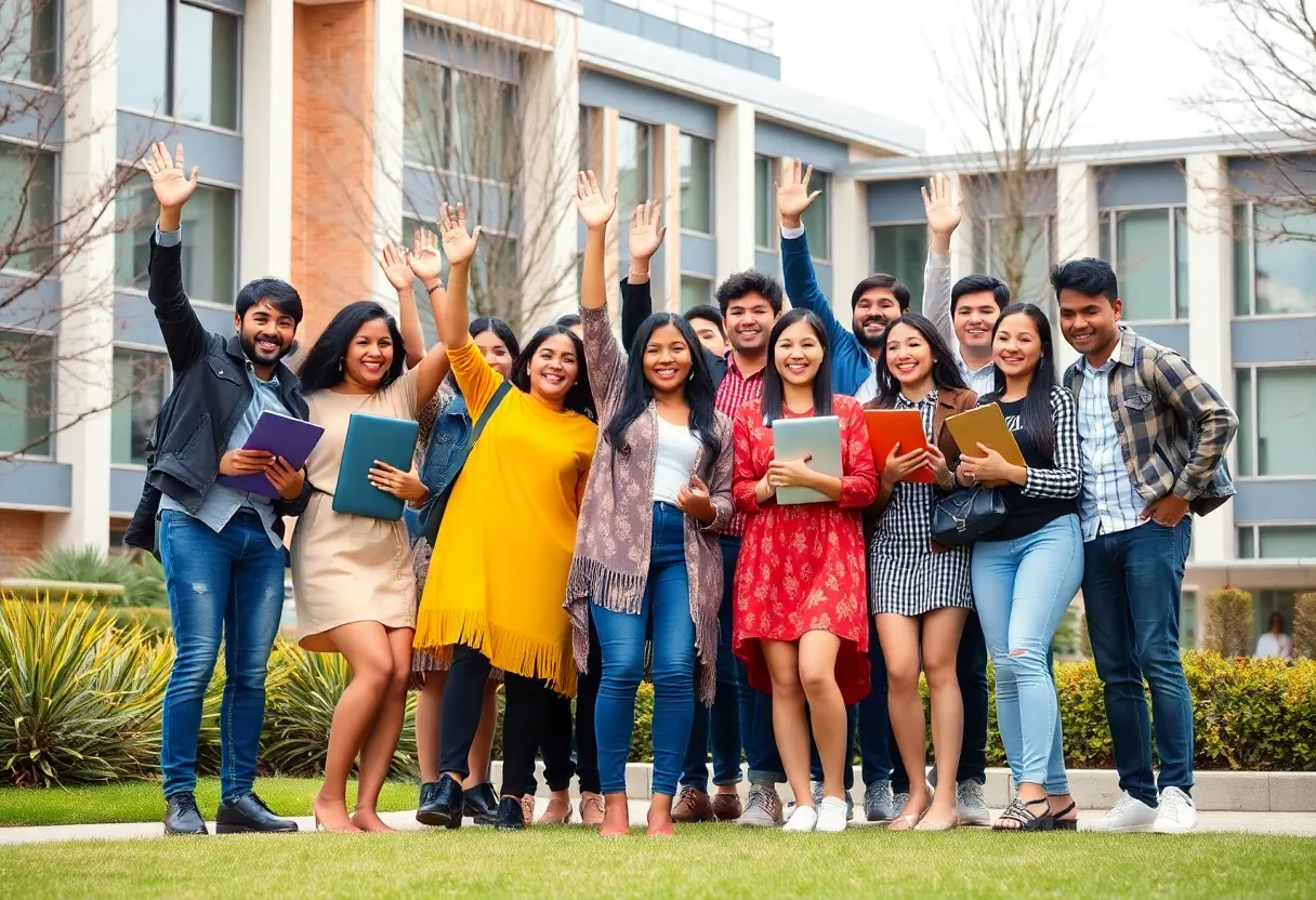 Diverse group of international students celebrating on campus