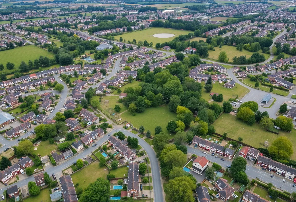 Aerial view of Clinton showing residential areas and parks