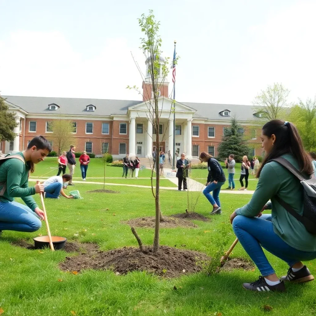 Students planting a tree on Earth Day at Presbyterian College