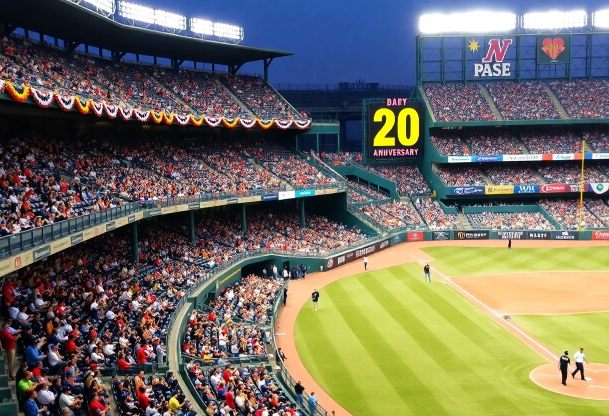 Fans celebrating at the Greenville Drive 20th anniversary baseball game